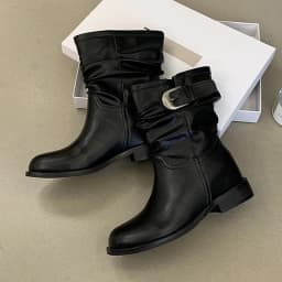 Eilyken Retro Pleated Women's Ankle Boots Belt Buckle Short Boots Round Toe Low Heels Designer Elegant Casual Ladies Booties