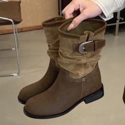 Eilyken Retro Pleated Women's Ankle Boots Belt Buckle Short Boots Round Toe Low Heels Designer Elegant Casual Ladies Booties