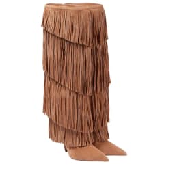 Women's Suede Fringe Knee High Boots Pointed Toe Stiletto Heels Pull On Western Cowboy Tall Boots Party Club Fashion Footwear