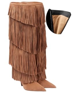 Women's Suede Fringe Knee High Boots Pointed Toe Stiletto Heels Pull On Western Cowboy Tall Boots Party Club Fashion Footwear