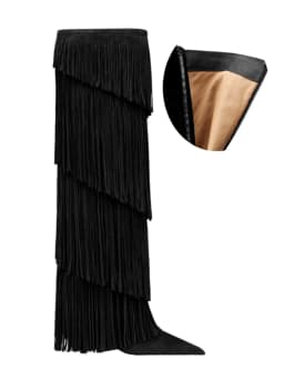 Women's Suede Fringe Knee High Boots Pointed Toe Stiletto Heels Pull On Western Cowboy Tall Boots Party Club Fashion Footwear