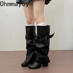 Designer Women Knee High Boots Metal Buckle Strap Round Toe Block Heel Shoes Autumn Winter Ladies Daily Leather Long Booties