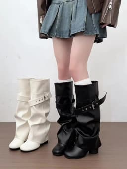Designer Women Knee High Boots Metal Buckle Strap Round Toe Block Heel Shoes Autumn Winter Ladies Daily Leather Long Booties