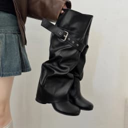 Designer Women Knee High Boots Metal Buckle Strap Round Toe Block Heel Shoes Autumn Winter Ladies Daily Leather Long Booties