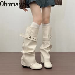 Designer Women Knee High Boots Metal Buckle Strap Round Toe Block Heel Shoes Autumn Winter Ladies Daily Leather Long Booties