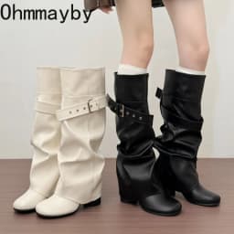 Designer Women Knee High Boots Metal Buckle Strap Round Toe Block Heel Shoes Autumn Winter Ladies Daily Leather Long Booties