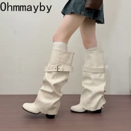Designer Women Knee High Boots Metal Buckle Strap Round Toe Block Heel Shoes Autumn Winter Ladies Daily Leather Long Booties