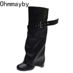 Designer Women Knee High Boots Metal Buckle Strap Round Toe Block Heel Shoes Autumn Winter Ladies Daily Leather Long Booties