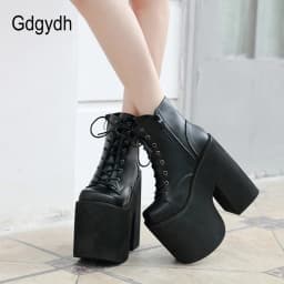 Gdgydh Chunky Heel Motorcycle Boots Women Platform Ankle Boots Lace Up Punk Cosplay Thick Sole Goth Girls Shoes Big Size 43