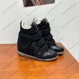 Fashion Women Hidden Heel High Top Sneakers,Black Suede Leather Patchwork Hook Loop Wedge Boots,Inner Height‑Increasing Non‑Slip Comfort Footwear for Street Dating Shopping Travel Daily Party Wear