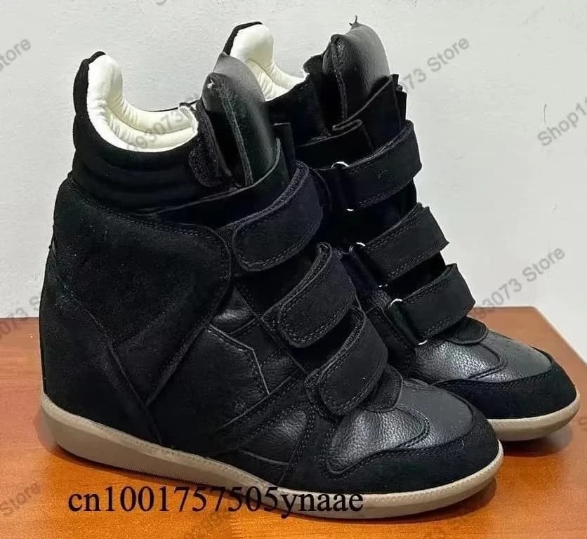 Fashion Women Hidden Heel High Top Sneakers,Black Suede Leather Patchwork Hook Loop Wedge Boots,Inner Height‑Increasing Non‑Slip Comfort Footwear for Street Dating Shopping Travel Daily Party Wear
