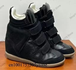 Fashion Women Hidden Heel High Top Sneakers,Black Suede Leather Patchwork Hook Loop Wedge Boots,Inner Height‑Increasing Non‑Slip Comfort Footwear for Street Dating Shopping Travel Daily Party Wear