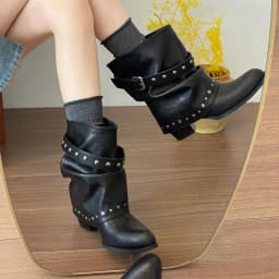 Rivet Buckle Slouch Women Mid Calf Boots Round Toe Pants Tube Leather Boots Autumn Winter Vintage Ladies Western Cowboy Boots