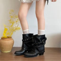 Rivet Buckle Slouch Women Mid Calf Boots Round Toe Pants Tube Leather Boots Autumn Winter Vintage Ladies Western Cowboy Boots