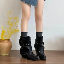 Rivet Buckle Slouch Women Mid Calf Boots Round Toe Pants Tube Leather Boots Autumn Winter Vintage Ladies Western Cowboy Boots