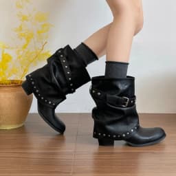 Rivet Buckle Slouch Women Mid Calf Boots Round Toe Pants Tube Leather Boots Autumn Winter Vintage Ladies Western Cowboy Boots