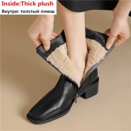 MORAZORA 2025 New Real Leather Women Boots Zipper Thick Fur Warm Winter Boots Fashion Square Toe Chunky Heels Ankle Snow Booties