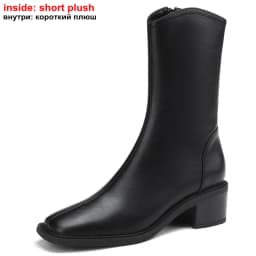 MORAZORA 2025 New Real Leather Women Boots Zipper Thick Fur Warm Winter Boots Fashion Square Toe Chunky Heels Ankle Snow Booties