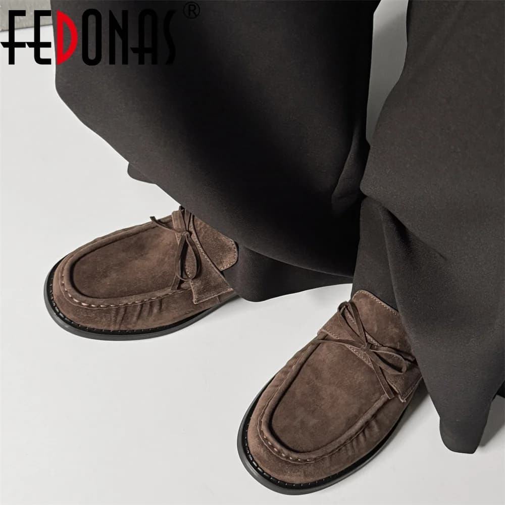 FEDONAS 2025 Suede Round Toe Med Heel Spring Shoes Fashion Dating Loafers Women Pumps Retro Comfort Casual Shoes Pumps