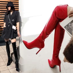 Sgesvier Over Knee Boots Women's Shiny Patent Leather Sexy Thigh Boots High Heels Jazz Dance Pointed Toe Thin Heels