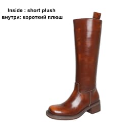 Meotina Women Genuine Leather Knee High Boots Round Toe Platform Thick Mid Heels Long Boot Ladies Fashion Shoes Autumn Winter