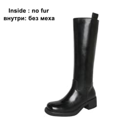 Meotina Women Genuine Leather Knee High Boots Round Toe Platform Thick Mid Heels Long Boot Ladies Fashion Shoes Autumn Winter