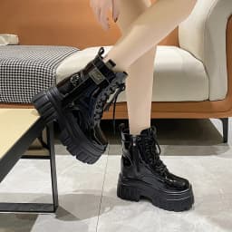 Women's High Platform Motorcycles Boots Winter 10CM Wedge Heels Warm Ankle Boots Chunky Sneakers New Autumn Leather Shoes Woman