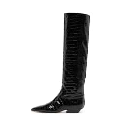 Arden Furtado Women's Patent Leather Slip-On Knee High Boots Square-Head Large Size Middle Heel Autumn Crocodile Grain Knight Bo