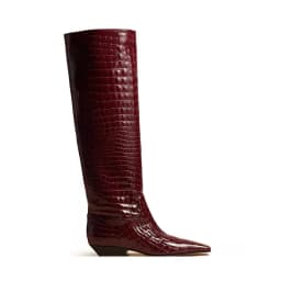 Arden Furtado Women's Patent Leather Slip-On Knee High Boots Square-Head Large Size Middle Heel Autumn Crocodile Grain Knight Bo