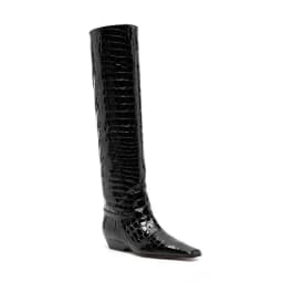 Arden Furtado Women's Patent Leather Slip-On Knee High Boots Square-Head Large Size Middle Heel Autumn Crocodile Grain Knight Bo