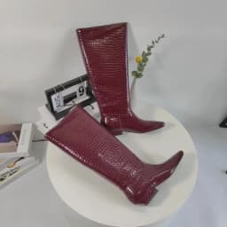 Arden Furtado Women's Patent Leather Slip-On Knee High Boots Square-Head Large Size Middle Heel Autumn Crocodile Grain Knight Bo