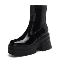 SIMLOVEYO Patent Leather Women Ankle Boots Toe Chunky Heels 9cm Platform Hill Size 42 43 Fashion Party Booty