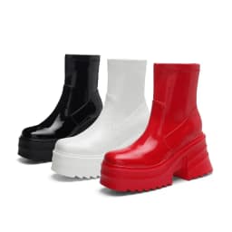 SIMLOVEYO Patent Leather Women Ankle Boots Toe Chunky Heels 9cm Platform Hill Size 42 43 Fashion Party Booty