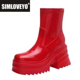 SIMLOVEYO Patent Leather Women Ankle Boots Toe Chunky Heels 9cm Platform Hill Size 42 43 Fashion Party Booty