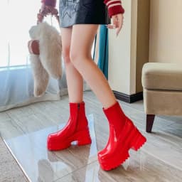 SIMLOVEYO Patent Leather Women Ankle Boots Toe Chunky Heels 9cm Platform Hill Size 42 43 Fashion Party Booty