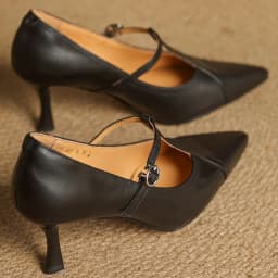 Women's cow leather metal buckle t-strap pointed toe slip-on pumps elegant ladies slim daily dress heeled shoes 2025 spring new
