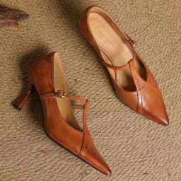 Women's cow leather metal buckle t-strap pointed toe slip-on pumps elegant ladies slim daily dress heeled shoes 2025 spring new