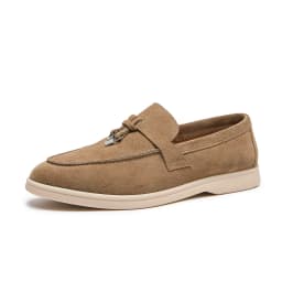 Premium Women's Top Grain Suede Leather Penny Loafers, Slip On Non-Slip Flat Driving Shoes with Metal Buckle Detail for Business