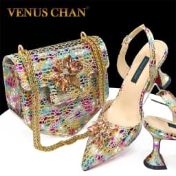 2026 Gold Color Thin Heels Pointed Toe Crystal Design Ladies Shoes Matching Bag Set For Women Weeding Party Pump