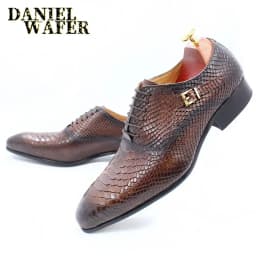 Men's Fashion Dress Leather Shoes Snake Skin Print Classic Lace-Up Oxford Formal in Wine Blue Coffee Black - Pointed Toe