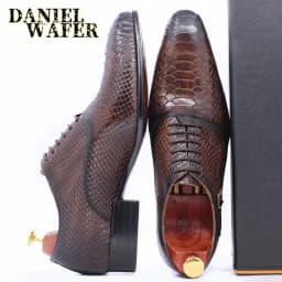 Men's Fashion Dress Leather Shoes Snake Skin Print Classic Lace-Up Oxford Formal in Wine Blue Coffee Black - Pointed Toe