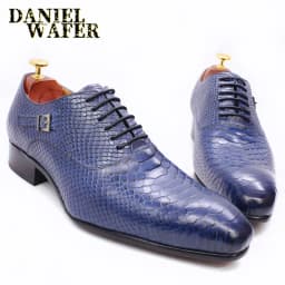 Men's Fashion Dress Leather Shoes Snake Skin Print Classic Lace-Up Oxford Formal in Wine Blue Coffee Black - Pointed Toe