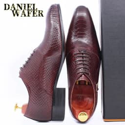 Men's Fashion Dress Leather Shoes Snake Skin Print Classic Lace-Up Oxford Formal in Wine Blue Coffee Black - Pointed Toe