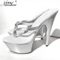 Summer Sexy 6 Inch High Heels Nightclub Stylish 15cm Stiletto Slippers Princess Beige Flip-Flops Work Shoes Real Photos Dress Ne