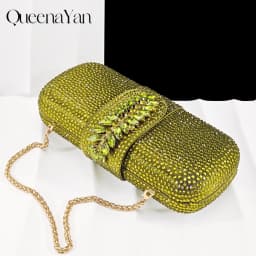 Queena Yan New Arrival Fashionable Olive Color Diamond Decorative Party Wedding Pointed Toe Women's High Heels and Bag Set