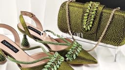Queena Yan New Arrival Fashionable Olive Color Diamond Decorative Party Wedding Pointed Toe Women's High Heels and Bag Set