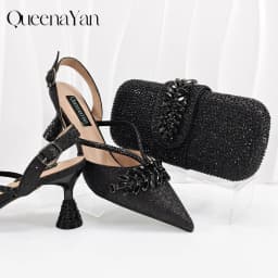 Queena Yan New Arrival Fashionable Olive Color Diamond Decorative Party Wedding Pointed Toe Women's High Heels and Bag Set