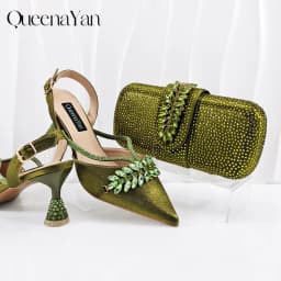 Queena Yan New Arrival Fashionable Olive Color Diamond Decorative Party Wedding Pointed Toe Women's High Heels and Bag Set