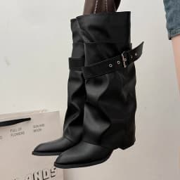 New Women Wrinkle Fold Knee High Boots Metal Buckle Strap Thick Heel Soft PU Leather Boots Autumn Streetwear Mordern Booties
