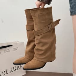 New Women Wrinkle Fold Knee High Boots Metal Buckle Strap Thick Heel Soft PU Leather Boots Autumn Streetwear Mordern Booties